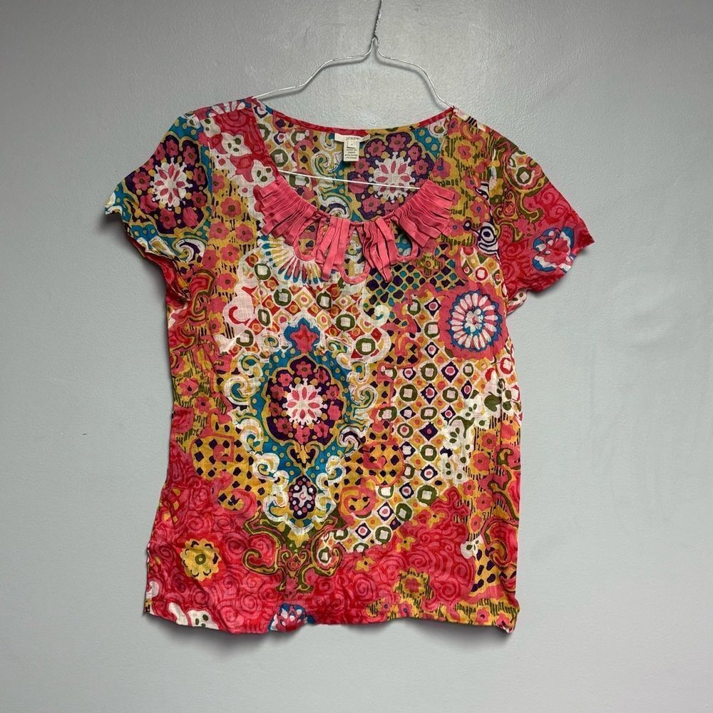 J. Crew Red and Orange Ruffled Blouse shirt top women’s size 8 Short Sleeves